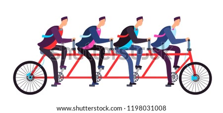 Business people riding on tandem bicycle. Team coordination. Successful business teamwork and leadership vector concept. Illustration of teamwork bicycle tandem transportation to goal