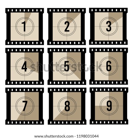 Movie countdown. Old projector film timer counter. Vector vintage filmstrip frames. Illustration of film negative video count time