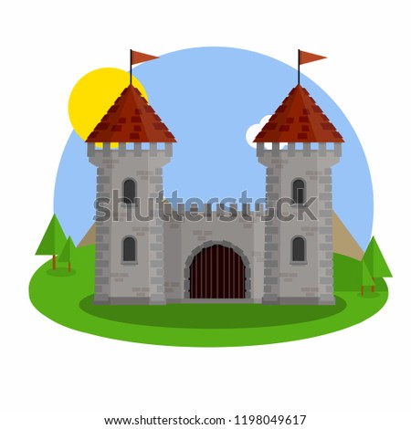 Medieval European stone castle. Knight's fortress. The concept of security, protection and defense. Military building with walls, gates and tower on the landscape
