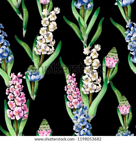 Seamless pattern with hyacinths on dark background.