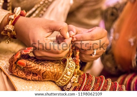 Indian wedding/The Promise/ Bride and Groom,hand of the bride held by a groom during a traditional ritual in an Indian Hindu Wedding