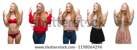 Collage of young blonde girl over white isolated background smiling crossing fingers with hope and eyes closed. Luck and superstitious concept.
