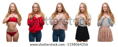 Collage of young blonde girl over white isolated background smiling with hands on chest with closed eyes and grateful gesture on face. Health concept.