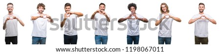 Collage of young caucasian, hispanic, afro men wearing white t-shirt over white isolated background smiling in love showing heart symbol and shape with hands. Romantic concept.