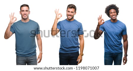 Collage of group of hispanic and african american men over isolated background smiling positive doing ok sign with hand and fingers. Successful expression.