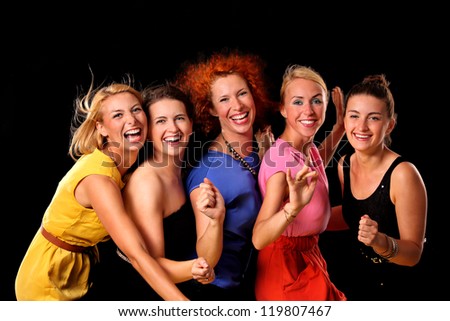 A picture of a group of friends dancing over black background