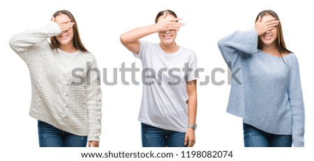 Collage of young beautiful girl wearing winter sweater over white isolated background smiling and laughing with hand on face covering eyes for surprise. Blind concept.