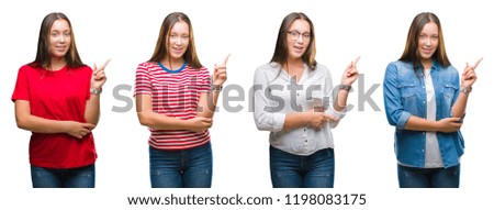 Collage of young beautiful girl over white isolated background with a big smile on face, pointing with hand and finger to the side looking at the camera.