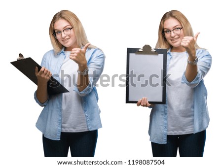 Collage of young beautiful blonde business woman holding clipboard over white isolated backgroud happy with big smile doing ok sign, thumb up with fingers, excellent sign