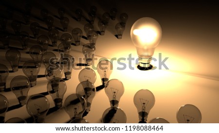Lightbulbs placed around the glowing light bulb. The big lighbulb is glowing surounded by small lightbulbs, which are dead and shutdown. Representation of big energy consuption of bulbs. Royalty-Free Stock Photo #1198088464