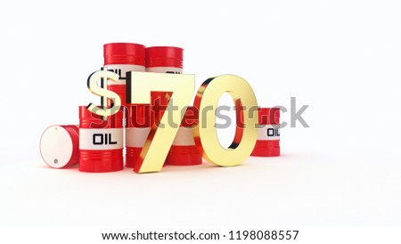 Oil barrels with price 70 USD on white background - High resolution 3d render