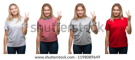 Collage of young beautiful blonde woman wearing a t-shirt over white isolated backgroud showing and pointing up with fingers number two while smiling confident and happy.