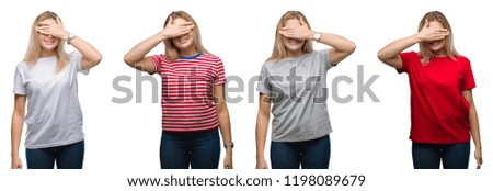 Collage of young beautiful blonde woman wearing a t-shirt over white isolated backgroud smiling and laughing with hand on face covering eyes for surprise. Blind concept.