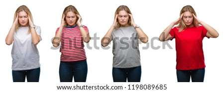 Collage of young beautiful blonde woman wearing a t-shirt over white isolated backgroud with hand on head for pain in head because stress. Suffering migraine.