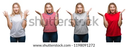 Collage of young beautiful blonde woman wearing a t-shirt over white isolated backgroud celebrating crazy and amazed for success with arms raised and open eyes screaming excited. Winner concept