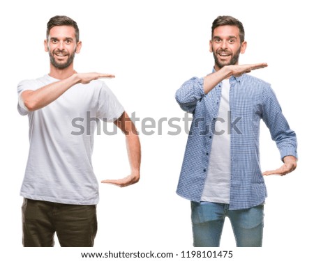Collage of young man wearing casual look over white isolated backgroud gesturing with hands showing big and large size sign, measure symbol. Smiling looking at the camera. Measuring concept.