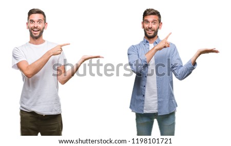 Collage of young man wearing casual look over white isolated backgroud amazed and smiling to the camera while presenting with hand and pointing with finger.
