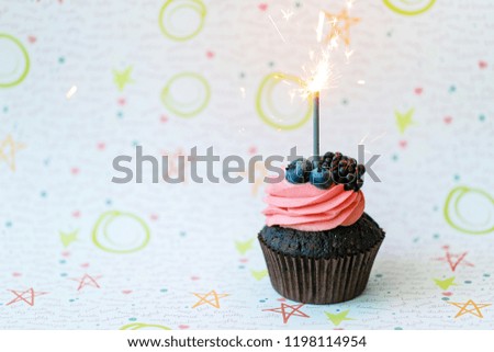 Chocolate cupcake with cream and berries decorated with fire flash