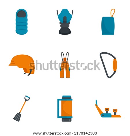 Hiking mountain icon set. Flat set of 9 hiking mountain vector icons for web design