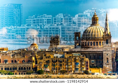 Merged photos of Malta: old and new buildings.