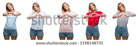 Collage of blonde beautiful woman wearing casual look over white isolated backgroud smiling in love showing heart symbol and shape with hands. Romantic concept.
