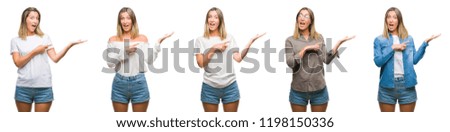Collage of blonde beautiful woman wearing casual look over white isolated backgroud amazed and smiling to the camera while presenting with hand and pointing with finger.