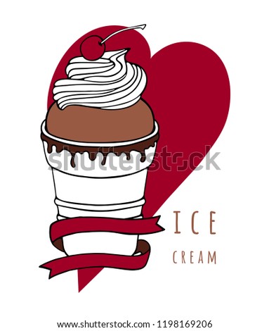 Chocolate ice cream ball with whipped cream in a waffle cup with a cherry and heart. Vector illustration.