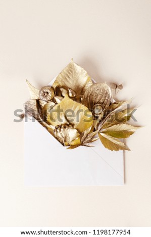 Autumn Composition Template. Golden Leaves in the postal envelope. Fall, autumn concept. Top view picture.