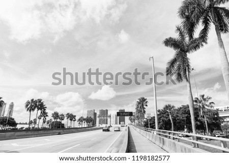 Highway or roadway with cars and skyline of miami, usa. Road with traffic signs for transport vehicles and palm trees on cloudy blue sky. Public infrastructure concept. Travelling by car.