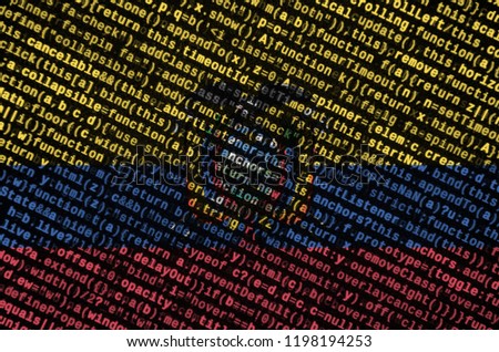 Ecuador flag  is depicted on the screen with the program code. The concept of modern technology and site development