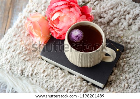 cozy coffee or tea with peonies