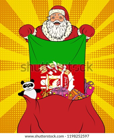 Santa Claus gets national flag of Afghanistan out of the bag with toys in pop art style. Illustration of new year in pop art style
