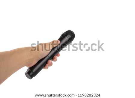 Microphone with hand holding toward isolated on white background, with clipping path
