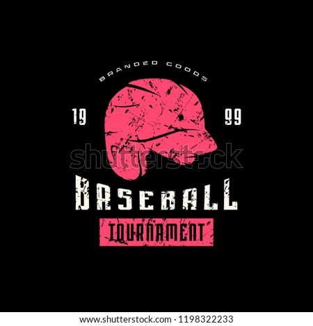 Emblem of baseball tournament with vintage texture for sticker and t-shirt design. Color print on black background