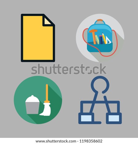 supplies icon set. vector set about mop, clip, office material and backpack icons set.