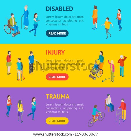 Isometric Disabled People Characters Banner Horizontal Set Blind Patient. Vector illustration of Disability Persons