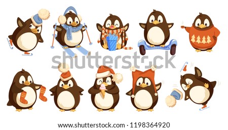 Penguins wearing winter warm clothes isolated set vector. Animal hat and sweater, socks and scarf opening present in bow with bow. Skiing activity