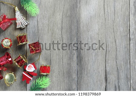 Christmas Decoration Equipment on wooden floor and have copy space for your design concept.