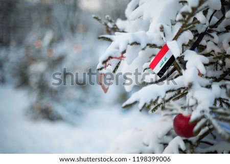 Iraq flag. Christmas background outdoor. Christmas tree covered with snow and decorations and a flag. Happy New Year / Christmas holiday greeting card.