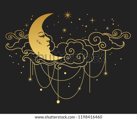 Crescent moon with human face in cloudy sky. Vector illustration