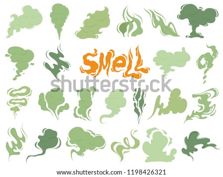 Bad smell. Steam smoke clouds of cigarettes or expired old food vector cooking cartoon icons. Illustration of smell vapor, cloud green aroma Royalty-Free Stock Photo #1198426321