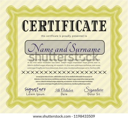 Yellow Sample Certificate. Printer friendly. Sophisticated design. Customizable, Easy to edit and change colors. 