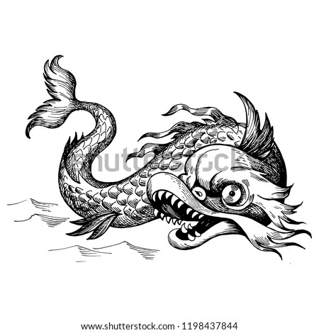 Mythological vintage sea monster. Fragment of decoration old pirate map. Hand drawn sketch vector