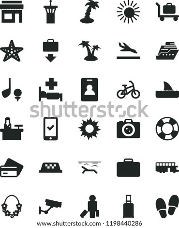 solid black flat icon set bus vector, taxi, bike, airport tower, identity card, passenger, suitcase, rolling, phone registration, getting baggage, arrival, credit, beach, sun, palm tree, starfish