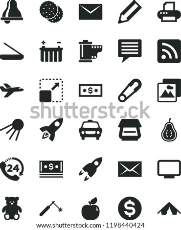solid black flat icon set bell vector, image of thought, envelope, camera roll, rss feed, safety pin, small teddy bear, picture, car, 24, artificial satellite, expand, biscuit, apricot, part guava