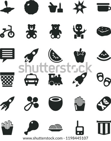 solid black flat icon set image of thought vector, wicker pot, baby rattle, tumbler, toy phone, sand set, children's potty, teddy bear, small, train, yule, child bicycle, shoes for little children