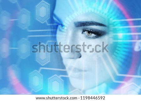 Beautiful woman looking at circuits network. Hud over blue red futuristic background. Hi tech and ai concept. Toned image double exposure mock up