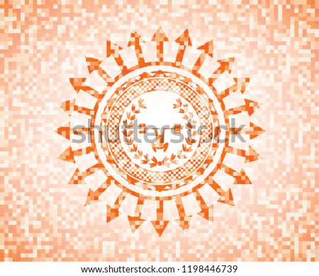 weightlifting inside of crown icon inside abstract orange mosaic emblem with background