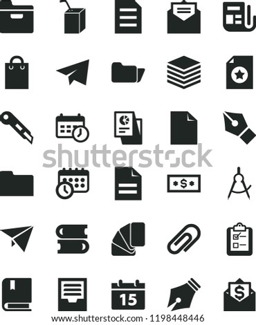 solid black flat icon set clip vector, paper airplane, clean sheet of, scribbled, archive, packing juice with a straw, e, books, sample colour, stationery knife, calendar, received letter, pile, bag