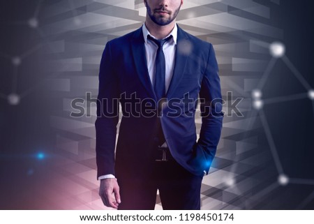 Businessman in black tie and suit standing over purple futuristic interface with graphs background. Network hologram. Toned image double exposure